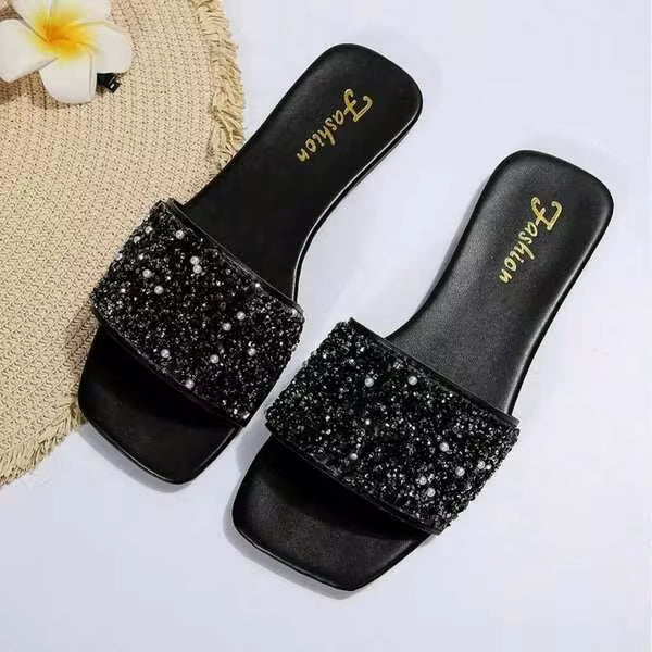 Casual Women's PU Leather Rhinestone Glitter Slippers Outdoor Open Toe Slippers Flat Sandals